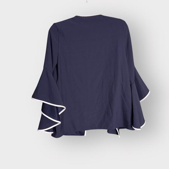 Zara Navy Bell Sleeve Wrap Blouse Blazer with White Trim, Medium - Picture 8 of 11
